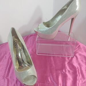 Carlos Women's SZ 8M Bel Air Platino Platform Open Toe Pump Silver.